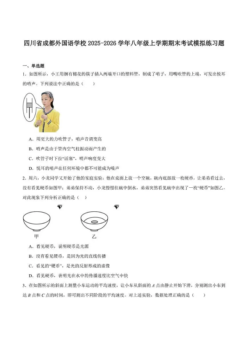 2025-2026学年四川省成都市成都外国语学校八年级上学期期末模拟考试物理试卷（含答案）第1页