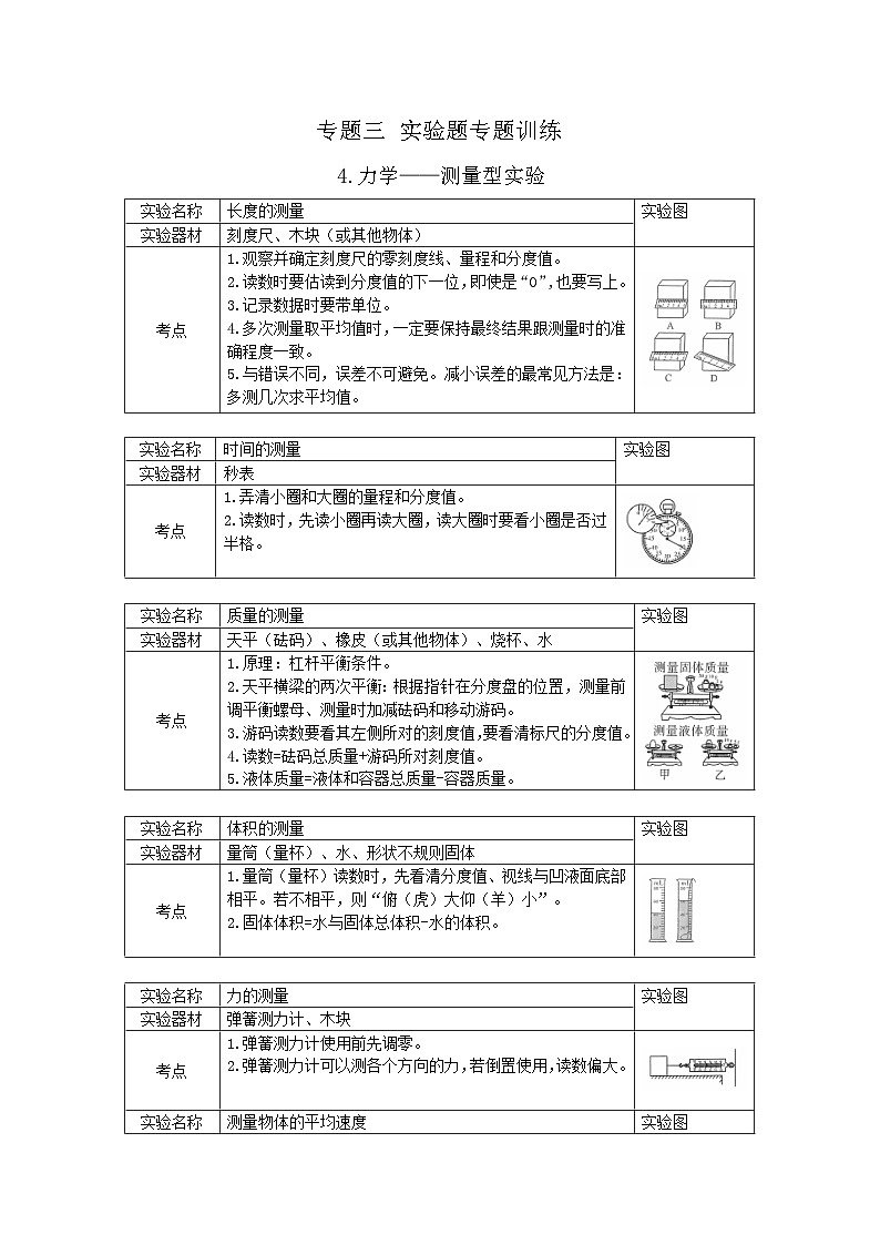专题三 实验题专题训练-4.力学实验（测量型实验）-2026年中考物理二轮复习（全国通用）第1页