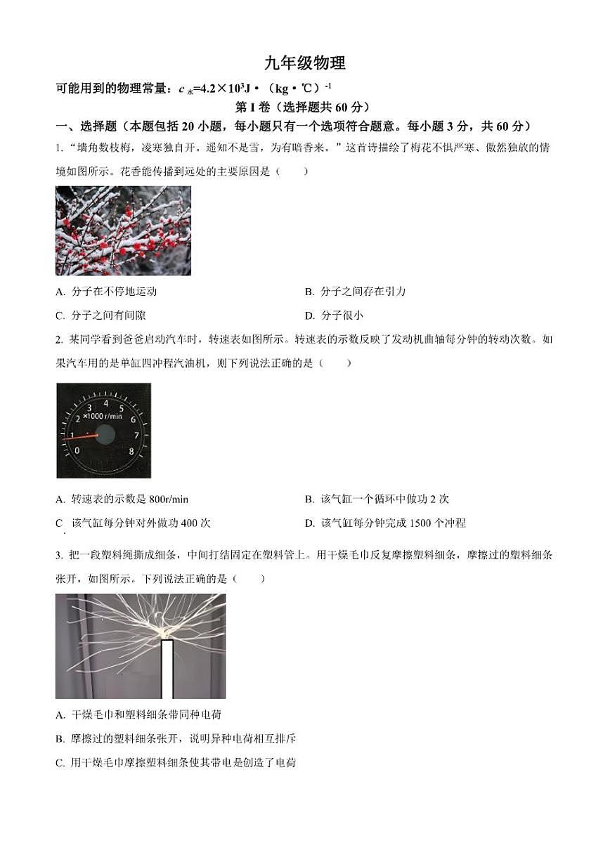 2025-2026学年湖北省武汉市经开区九年级上学期期末物理（无答案）试题第1页
