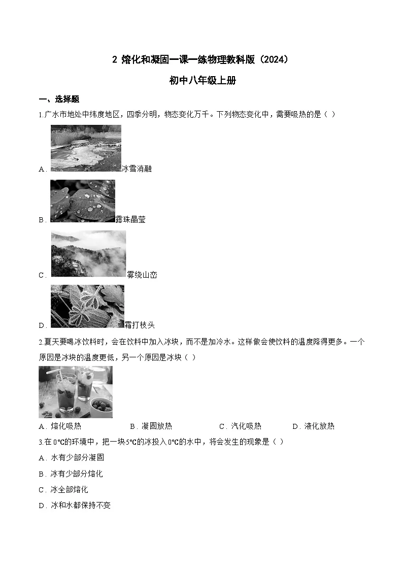 2 熔化和凝固一课一练物理教科版（2024）初中八年级上册(无答案)第1页