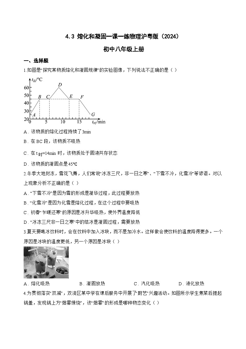 4.3 熔化和凝固一课一练物理沪粤版（2024）初中八年级上册(无答案)第1页