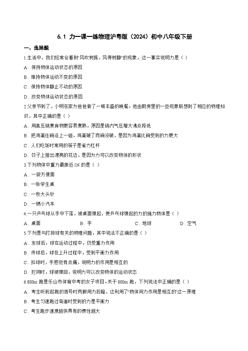 6.1 力一课一练物理沪粤版（2024）初中八年级下册(无答案)第1页