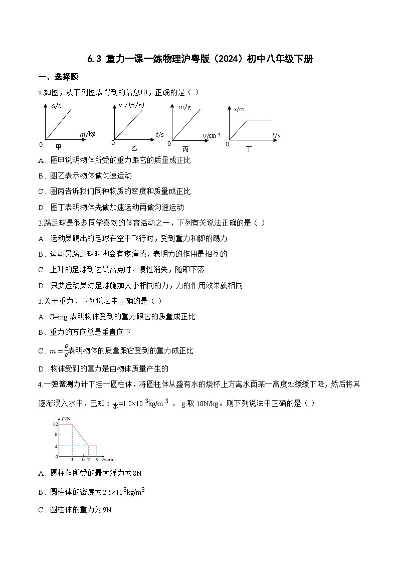 6.3 重力一课一练物理沪粤版（2024）初中八年级下册(无答案)第1页