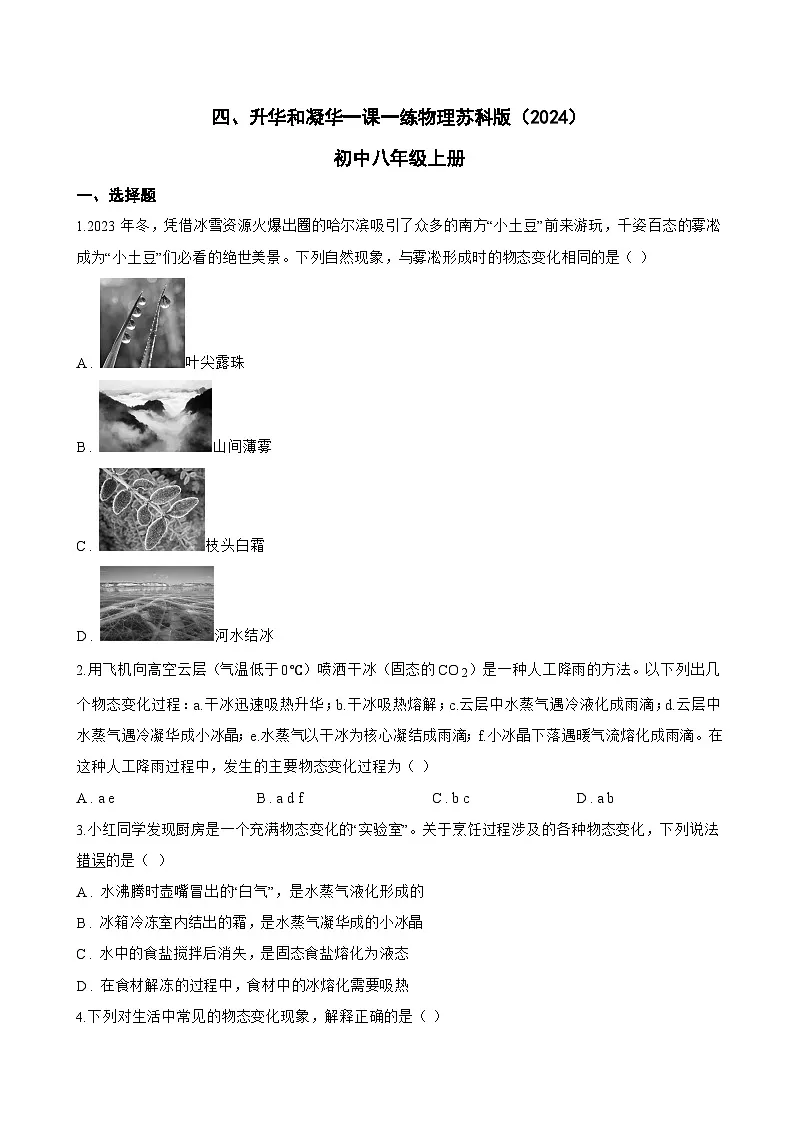 四、升华和凝华一课一练物理苏科版（2024）初中八年级上册(无答案)第1页