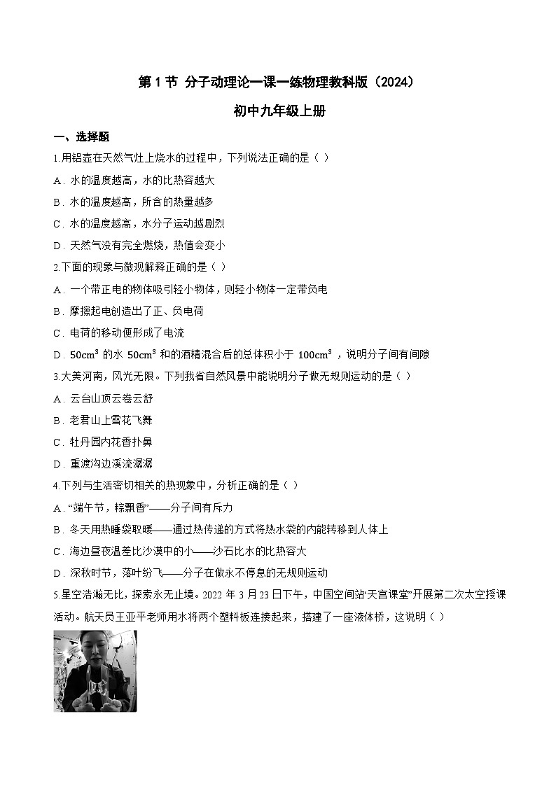 第1节 分子动理论一课一练物理教科版（2024）初中九年级上册(无答案)第1页
