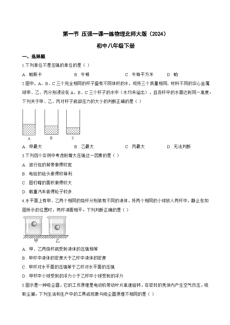 第一节 压强一课一练物理北师大版（2024）初中八年级下册(无答案)第1页