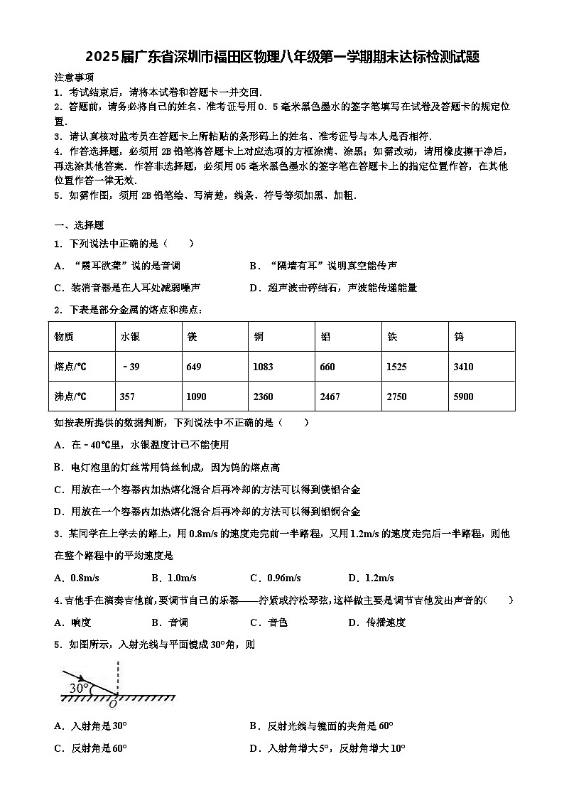广东省深圳市福田区八年级上学期期末达标检测物理试题-A4第1页