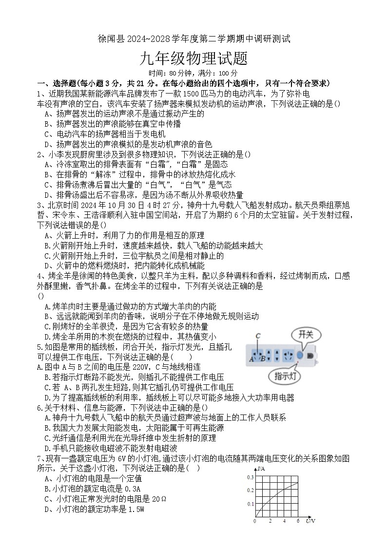 广东省湛江市徐闻县2024~2025学年度第二学期期中调研测试九年级物理试题-A4第1页