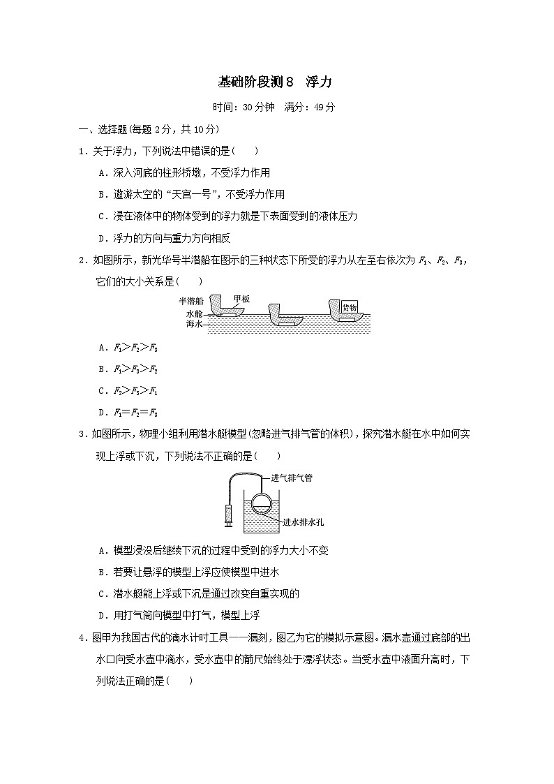 福建省2025中考物理试题基础阶段测8浮力（含答案）第1页
