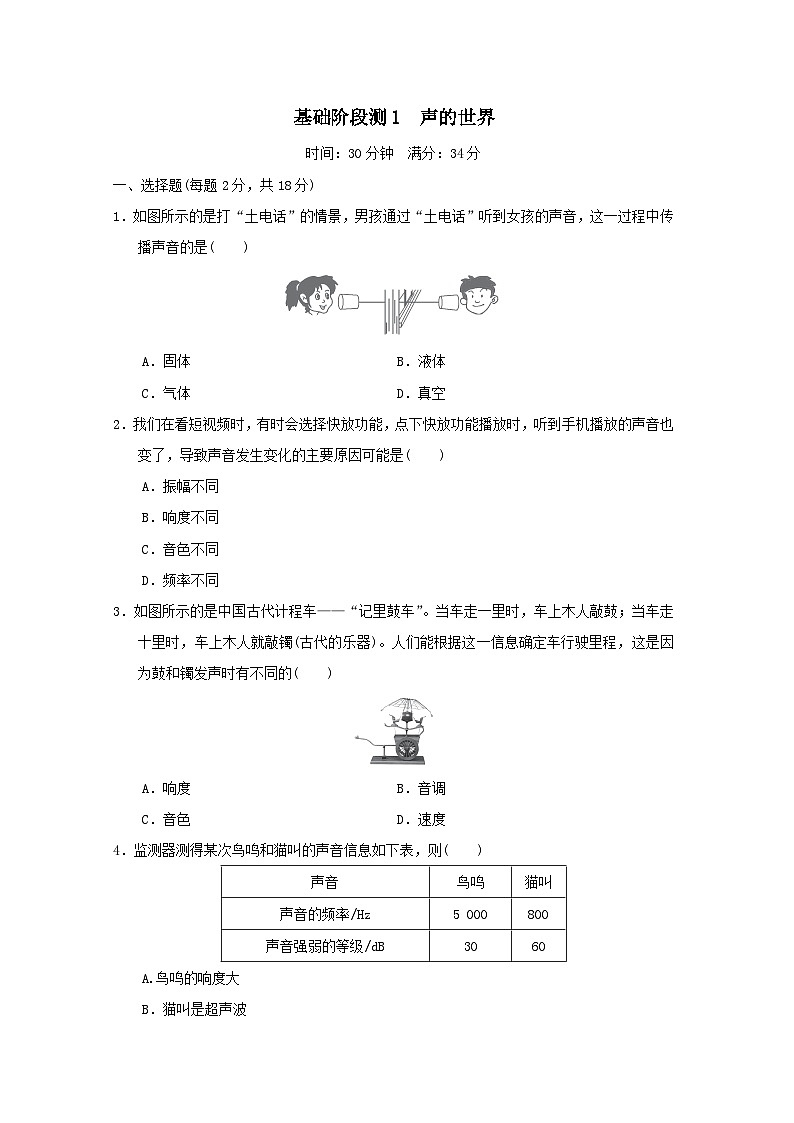 福建省2025中考物理试题基础阶段测1声的世界（含答案）第1页