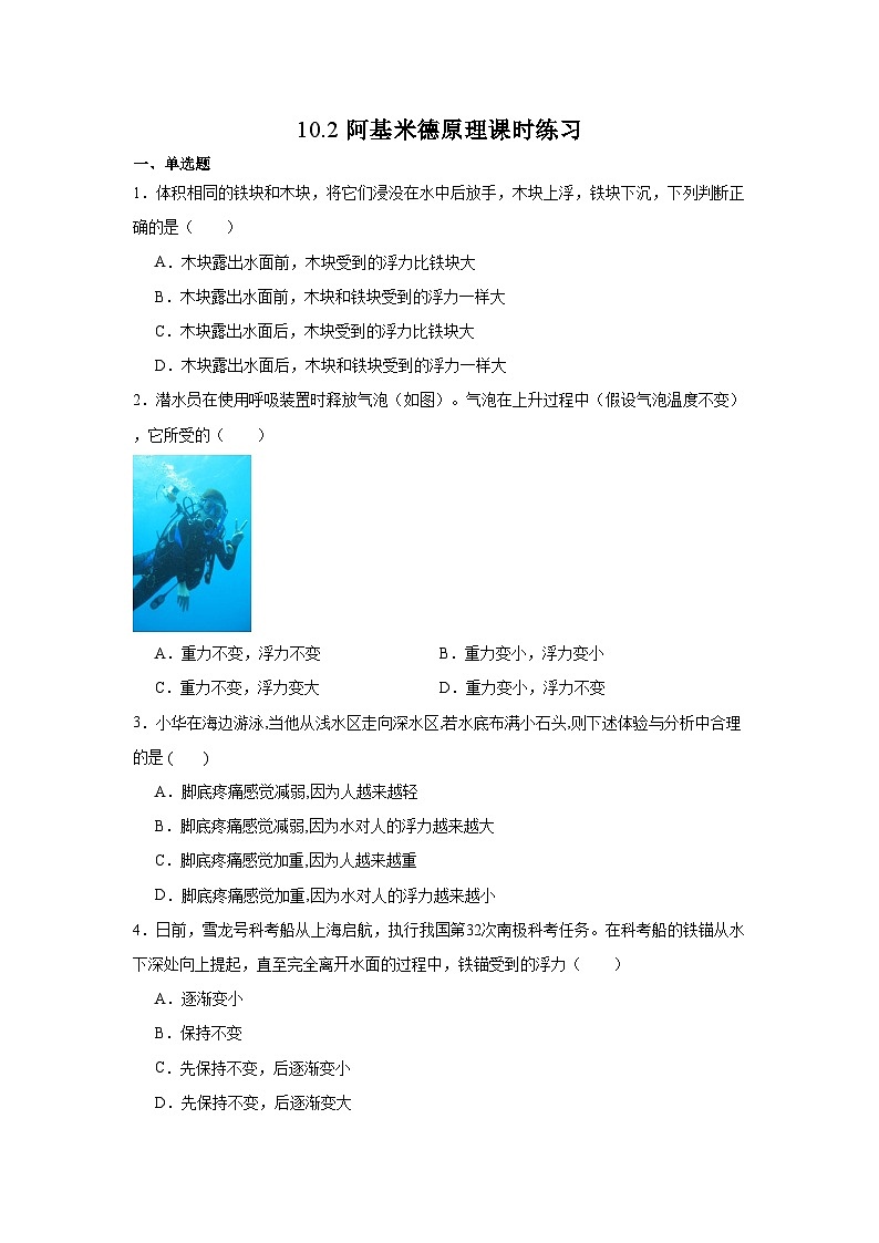 10.2阿基米德原理课时练习（含解析）八年级下册物理[人教版 (2024)]第1页