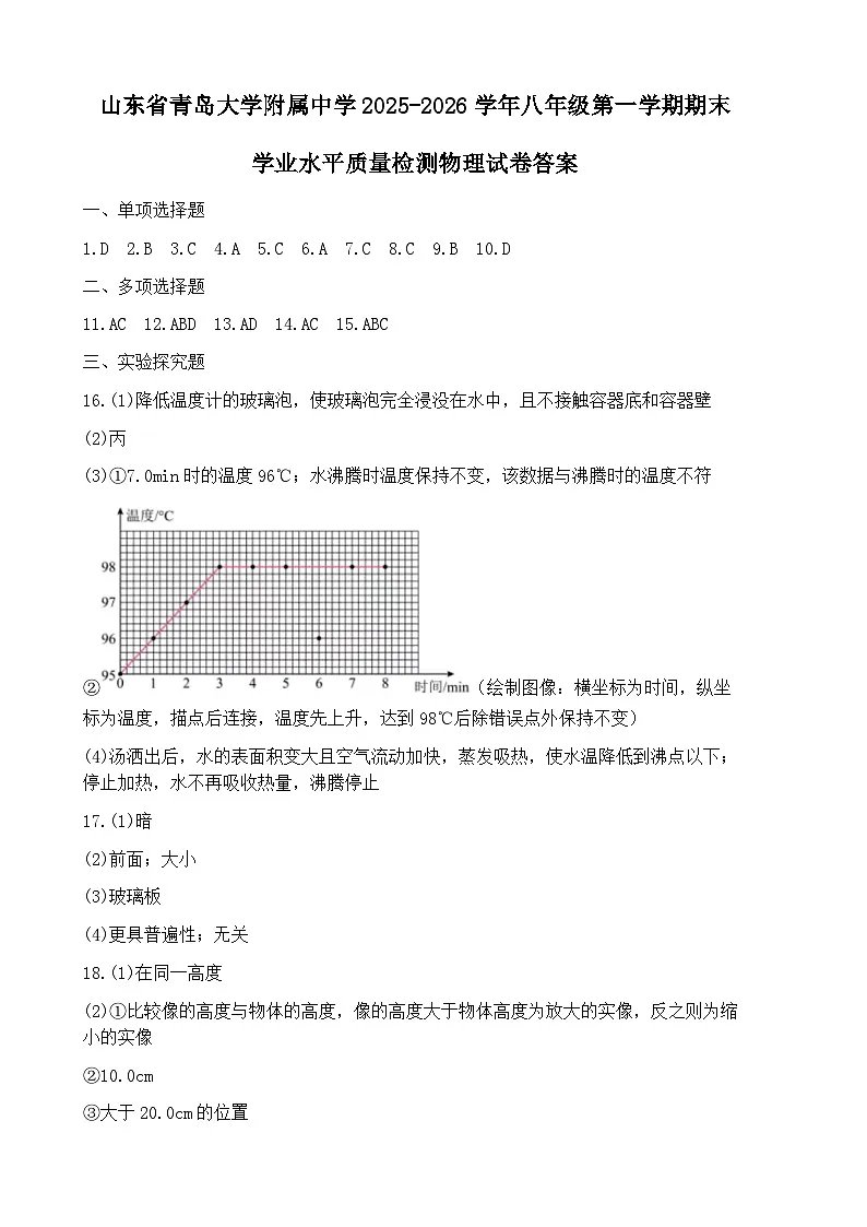 山东省青岛大学附属中学2025-2026学年八年级第一学期期末学业水平质量检测物理试卷答案第1页