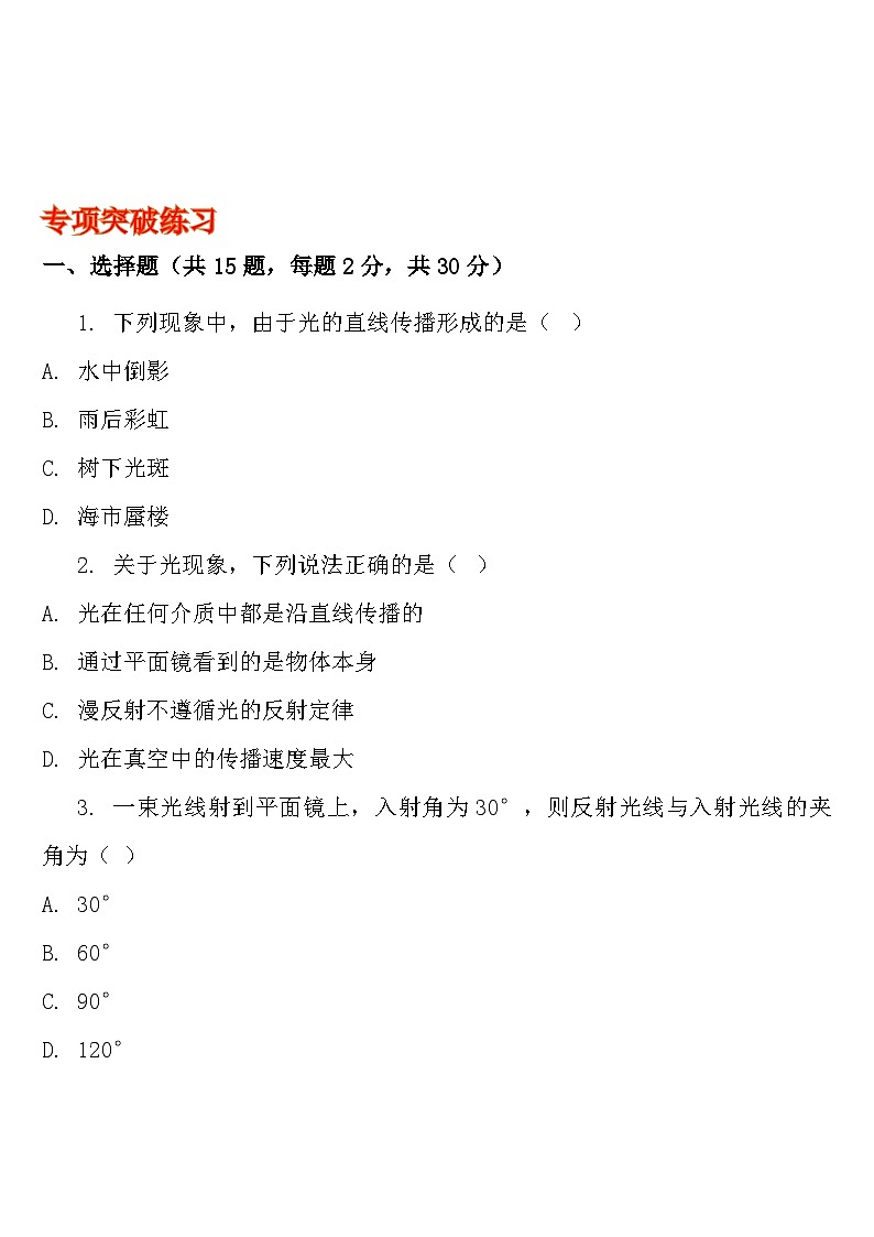 中考物理常考知识点突破练习18 (光的直线传播、反射与平面镜成像)第3页