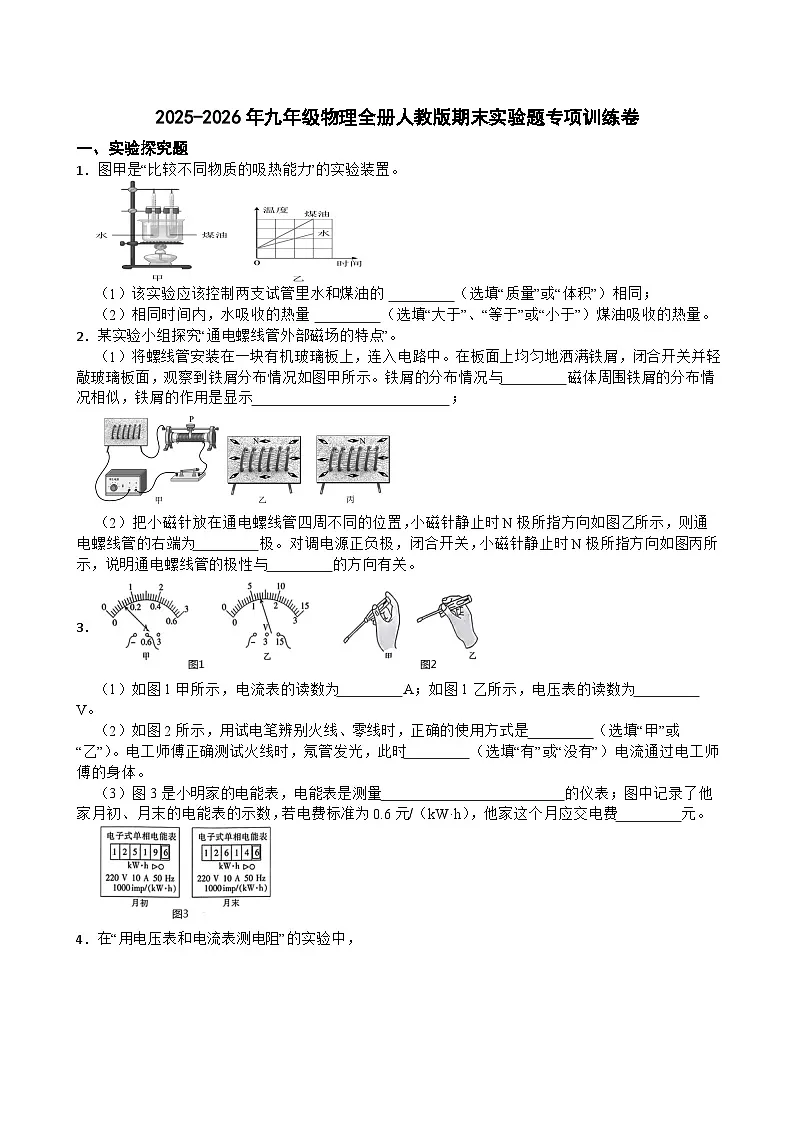 2025-2026年九年级物理全册人教版期末实验题专项训练卷含答案第1页