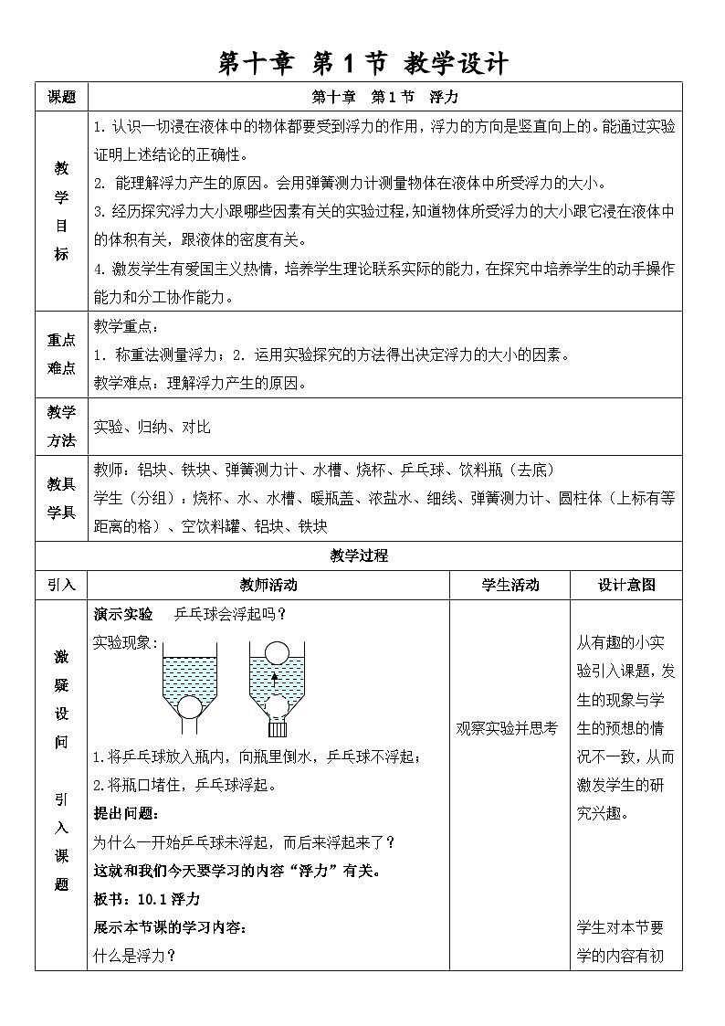 人教版初中物理八年级下册（2024）10.1 浮力 教案第1页