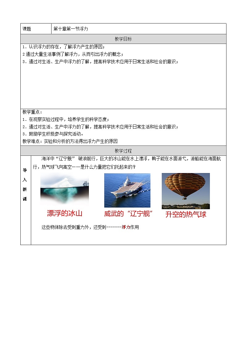 人教版初中物理八年级下册（2024）10.1 浮力 教学设计第1页