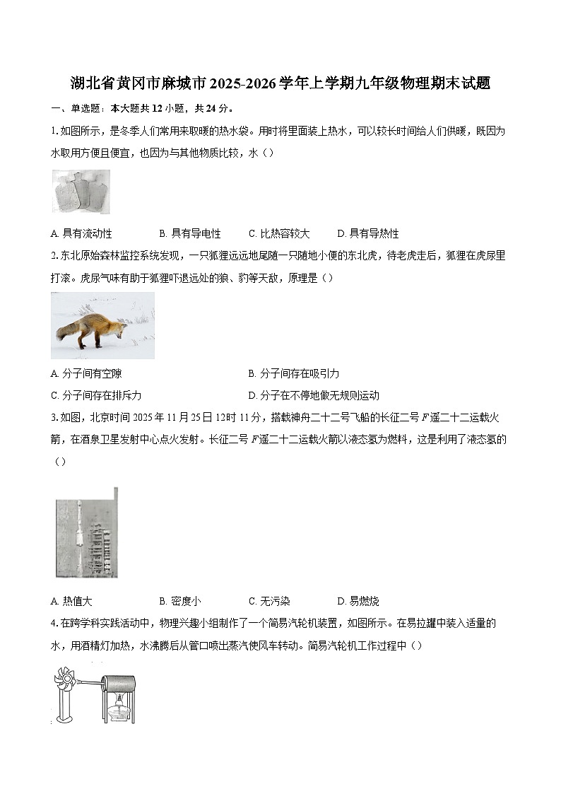 湖北省黄冈市麻城市2025-2026学年上学期九年级物理期末试题-自定义类型第1页