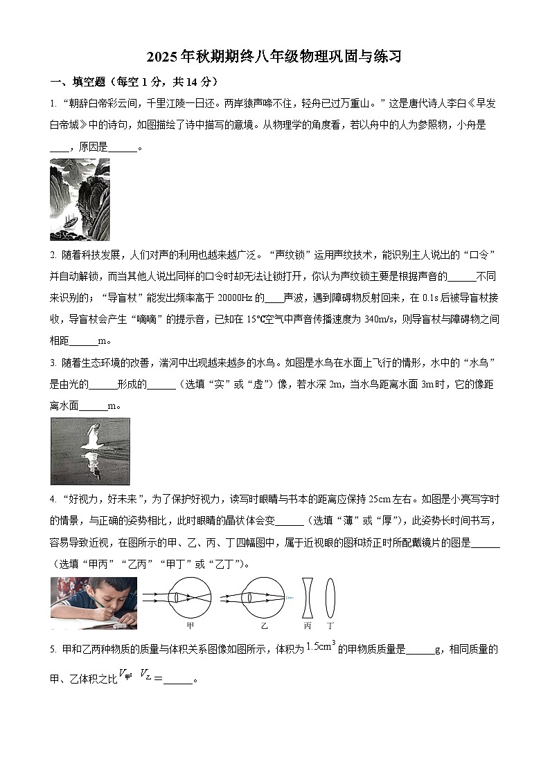 河南省南阳市内乡县2025-2026学年八年级上学期期末物理巩固与练习（试卷+解析）第1页