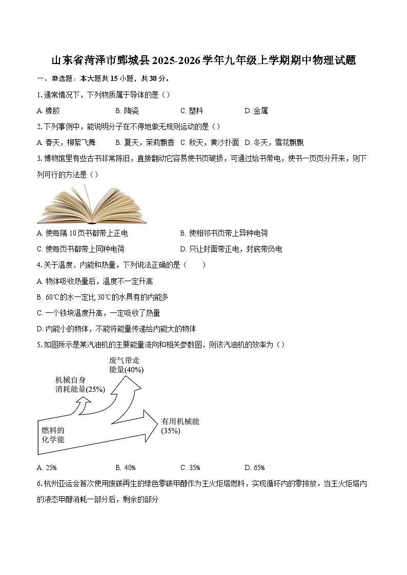 山东省菏泽市鄄城县2025-2026学年九年级上学期期中物理试题-自定义类型第1页