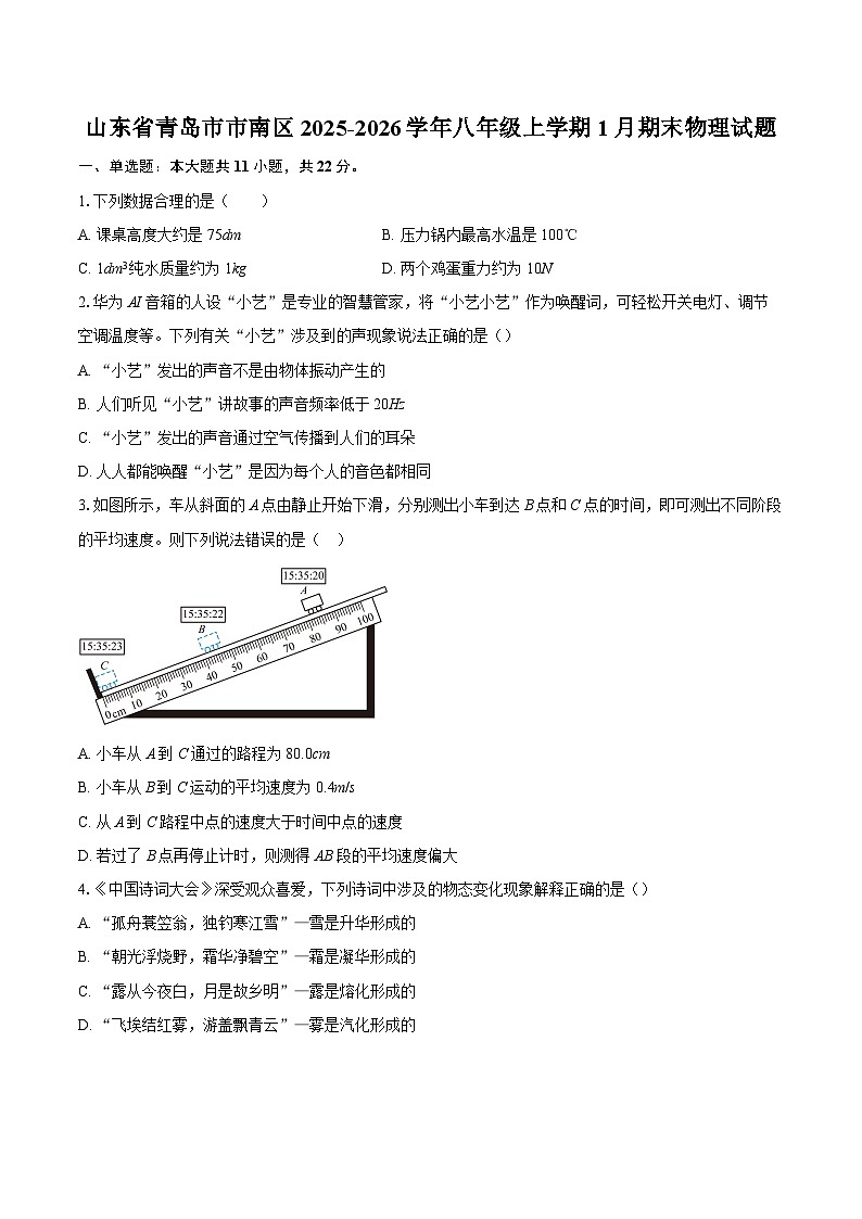 山东省青岛市市南区2025-2026学年八年级上学期1月期末物理试题-自定义类型第1页