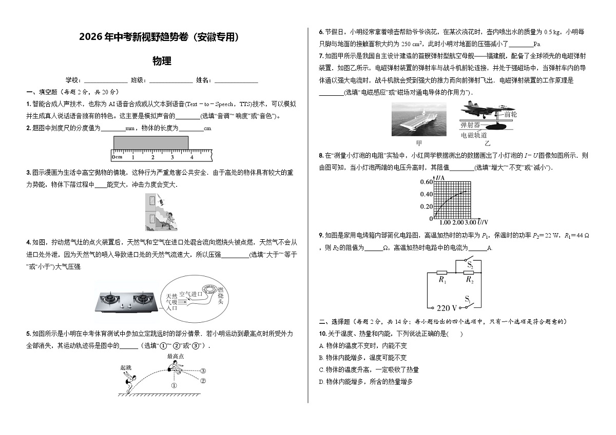 2026年中考新视野趋势卷物理3（安徽专用）第1页