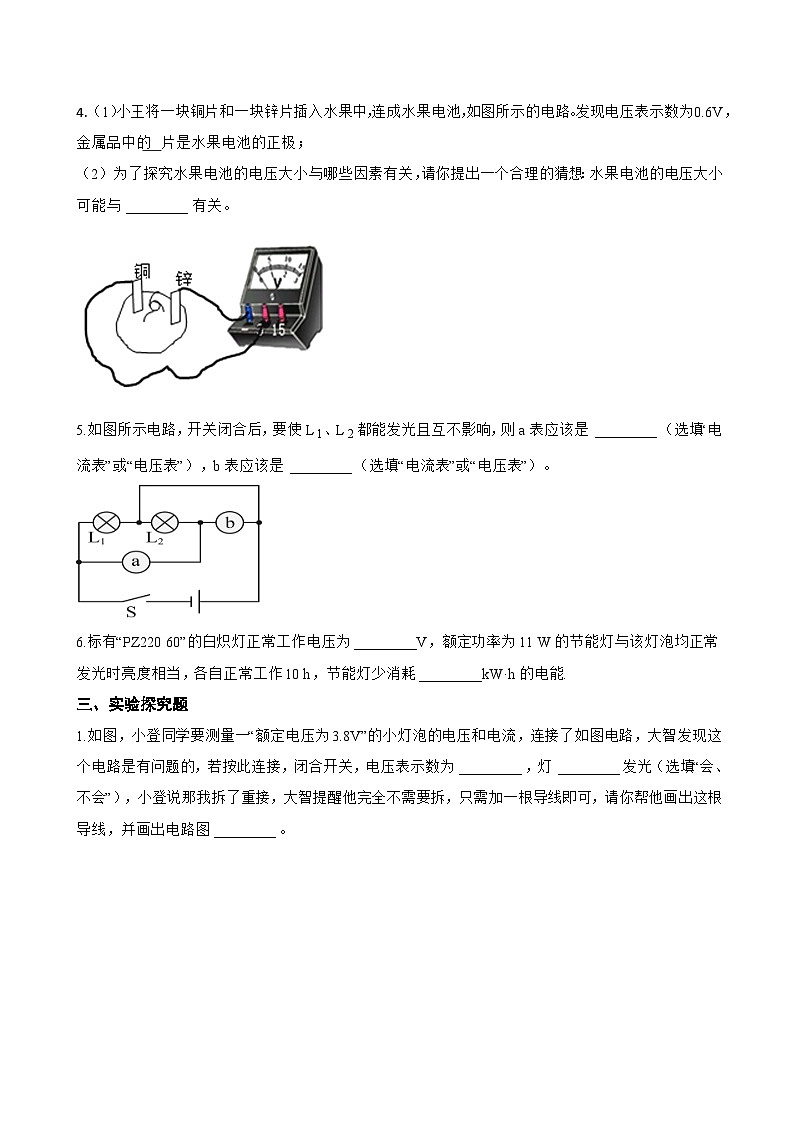 13.5 电压与电压的测量一课一练物理沪粤版（2024）初中九年级上册(无答案)第3页