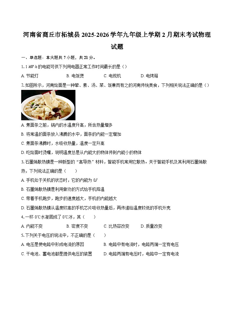 河南省商丘市柘城县2025-2026学年九年级上学期2月期末考试物理试题-自定义类型第1页