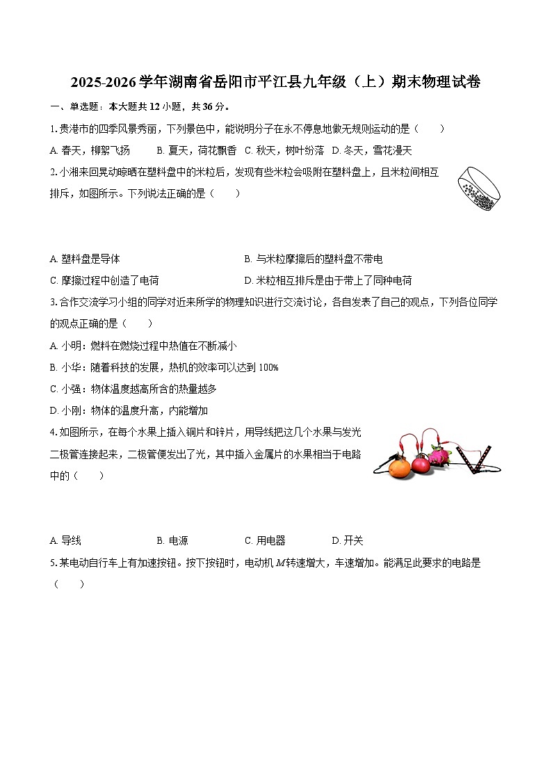 2025-2026学年湖南省岳阳市平江县九年级（上）期末物理试卷-自定义类型第1页