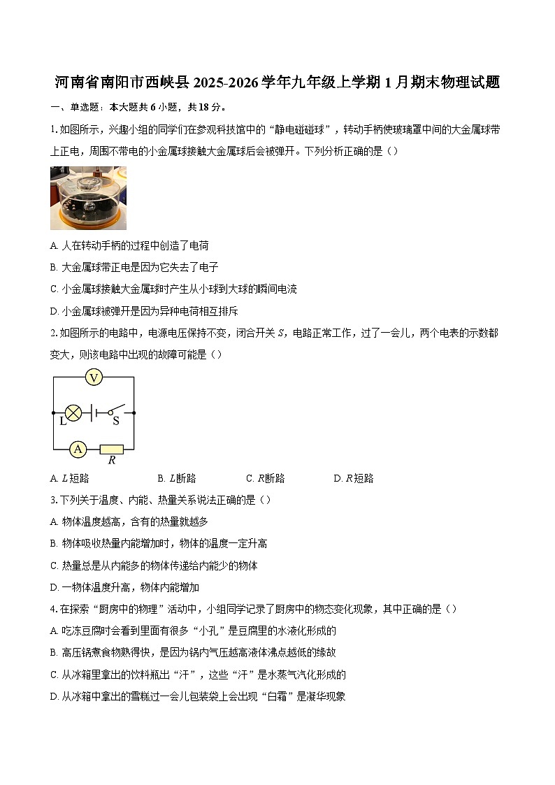 河南省南阳市西峡县2025-2026学年九年级上学期1月期末物理试题-自定义类型第1页