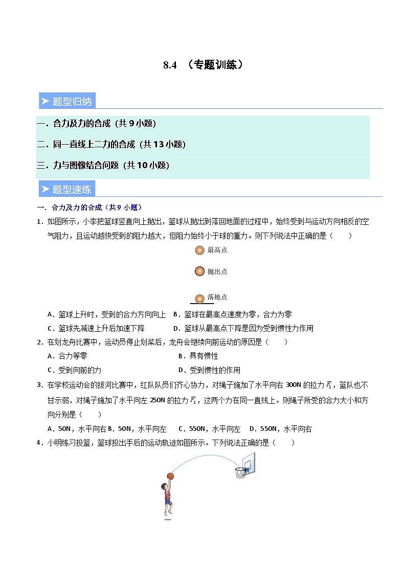 8.4 同一直线上二力的合成（专题训练）（原卷版）第1页