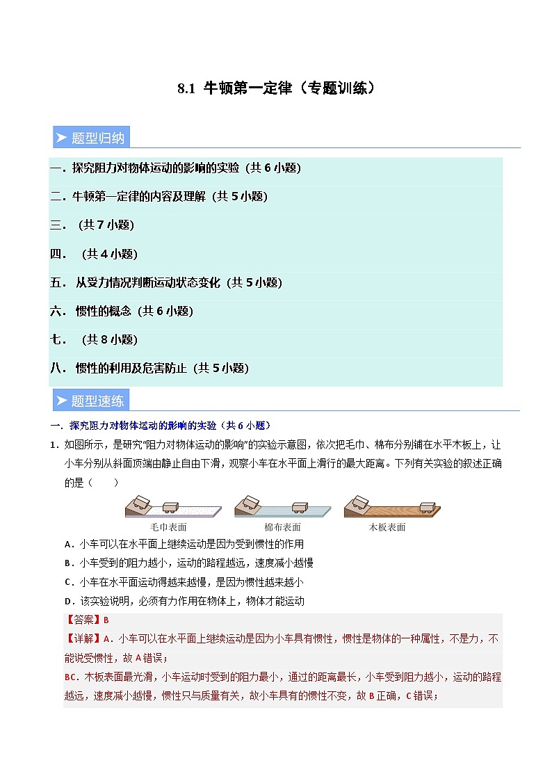 8.1 牛顿第一定律（专题训练）（解析版）第1页
