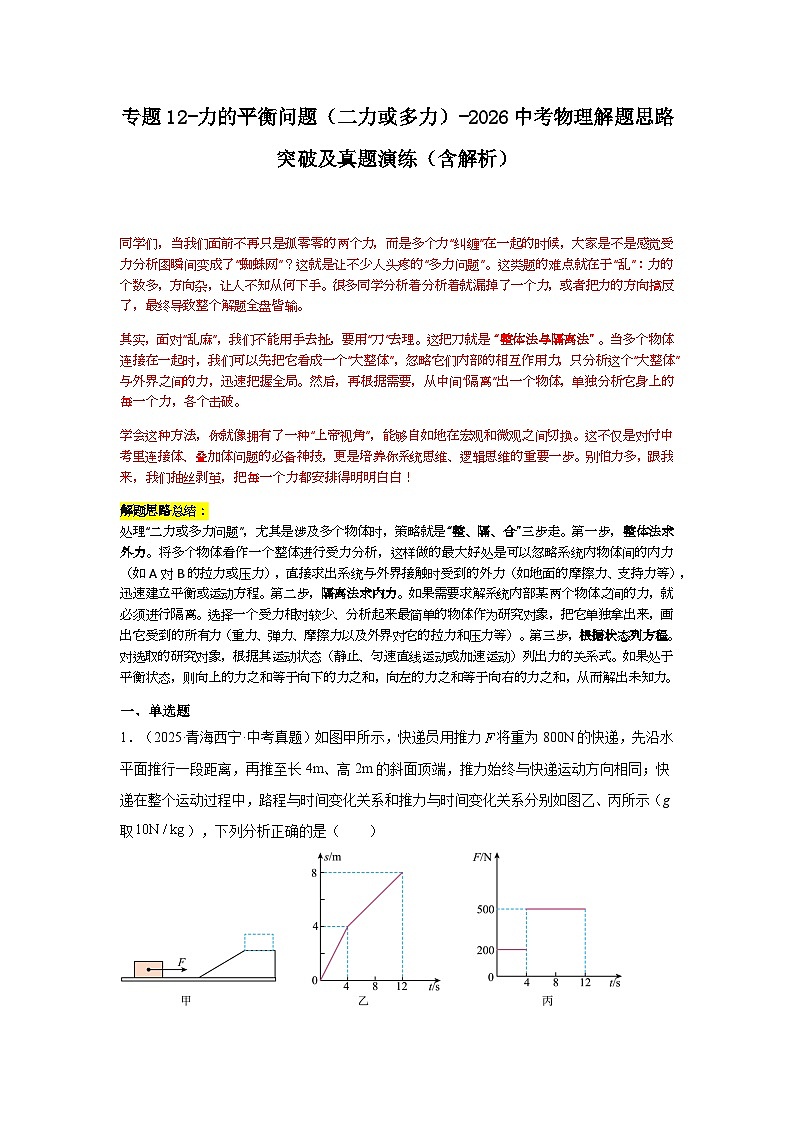 专题12-力的平衡问题（二力或多力）-2026中考物理解题思路突破及真题演练（含解析全国通用版）第1页