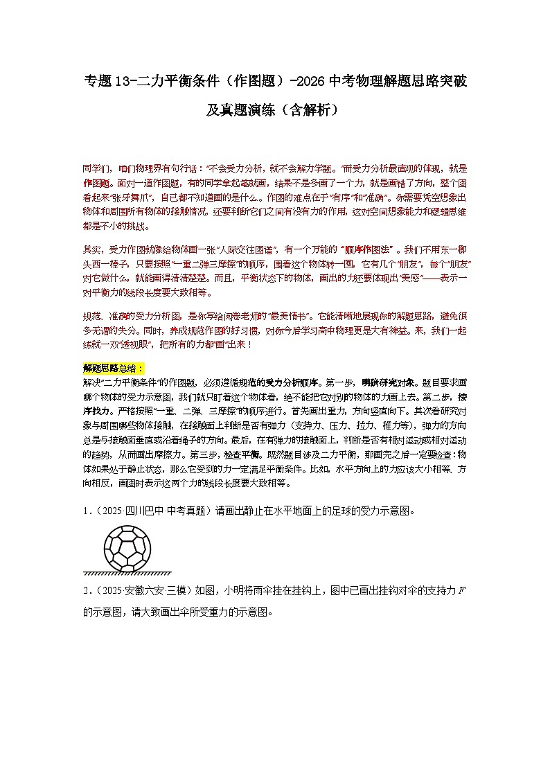 专题13-二力平衡条件（作图题）-2026中考物理解题思路突破及真题演练（含解析全国通用版）第1页