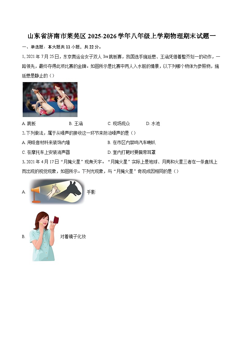 山东省济南市莱芜区2025-2026学年八年级上学期物理期末试题一-自定义类型第1页