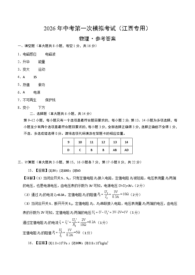 物理一模提分卷01（江西专用）（参考答案）第1页