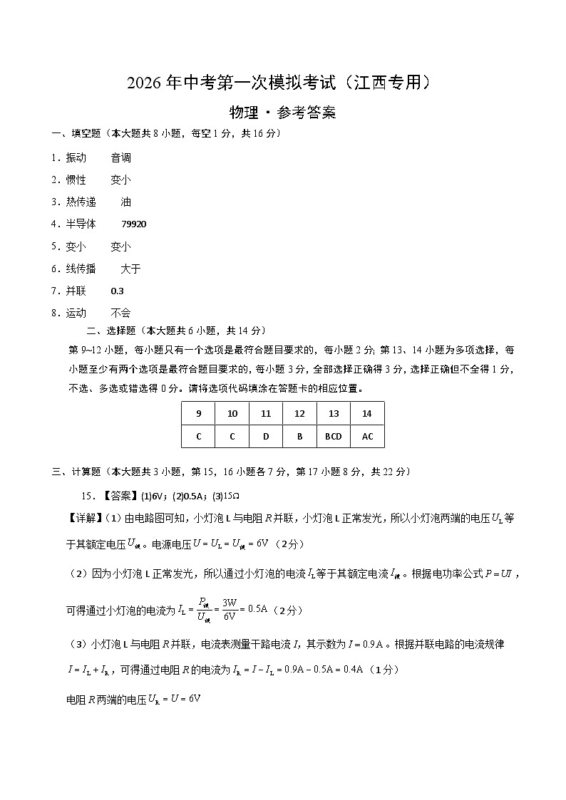物理一模提分卷02（江西专用）（参考答案）第1页