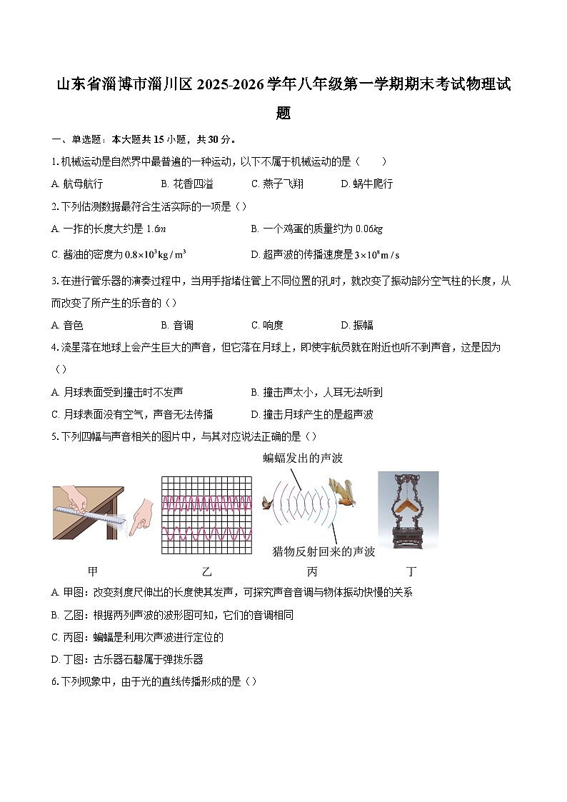 山东省淄博市淄川区2025-2026学年八年级第一学期期末考试物理试题-自定义类型第1页