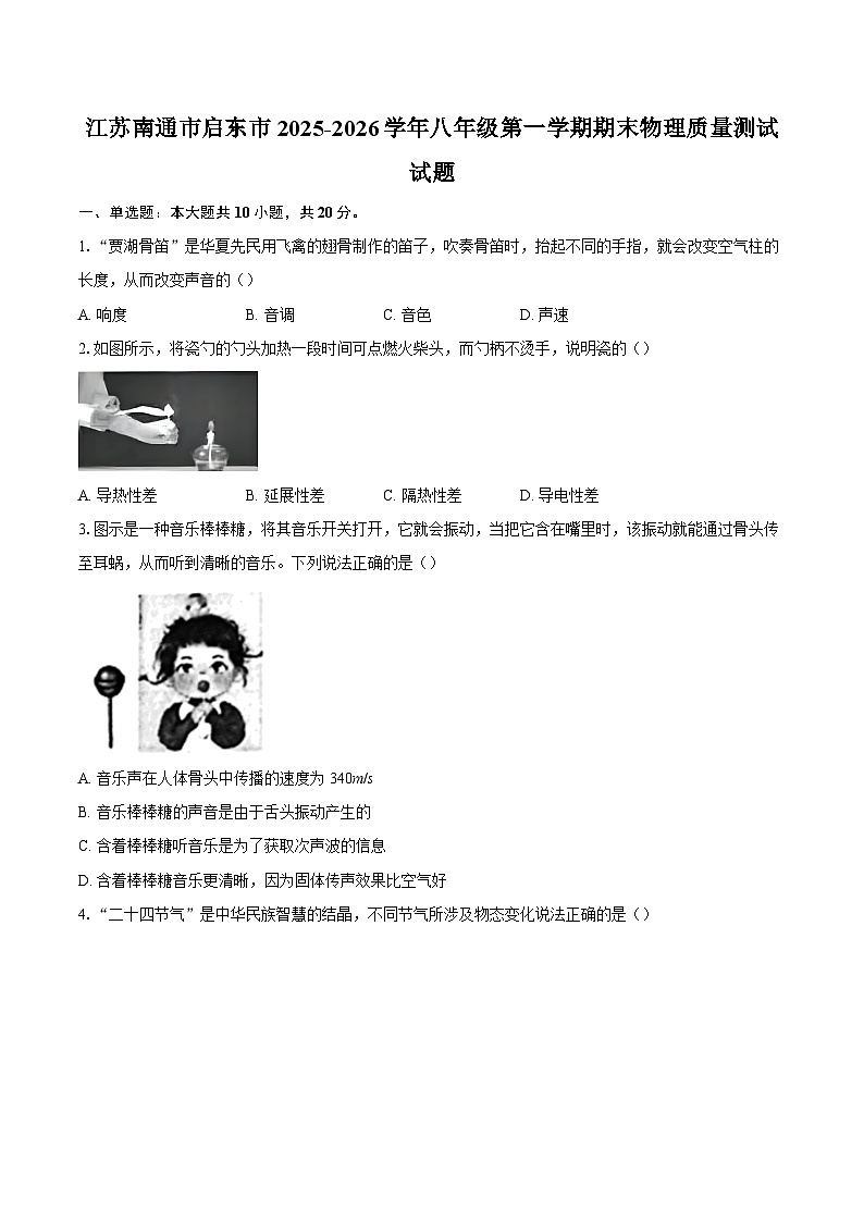 江苏南通市启东市2025-2026学年八年级第一学期期末物理质量测试试题-自定义类型第1页