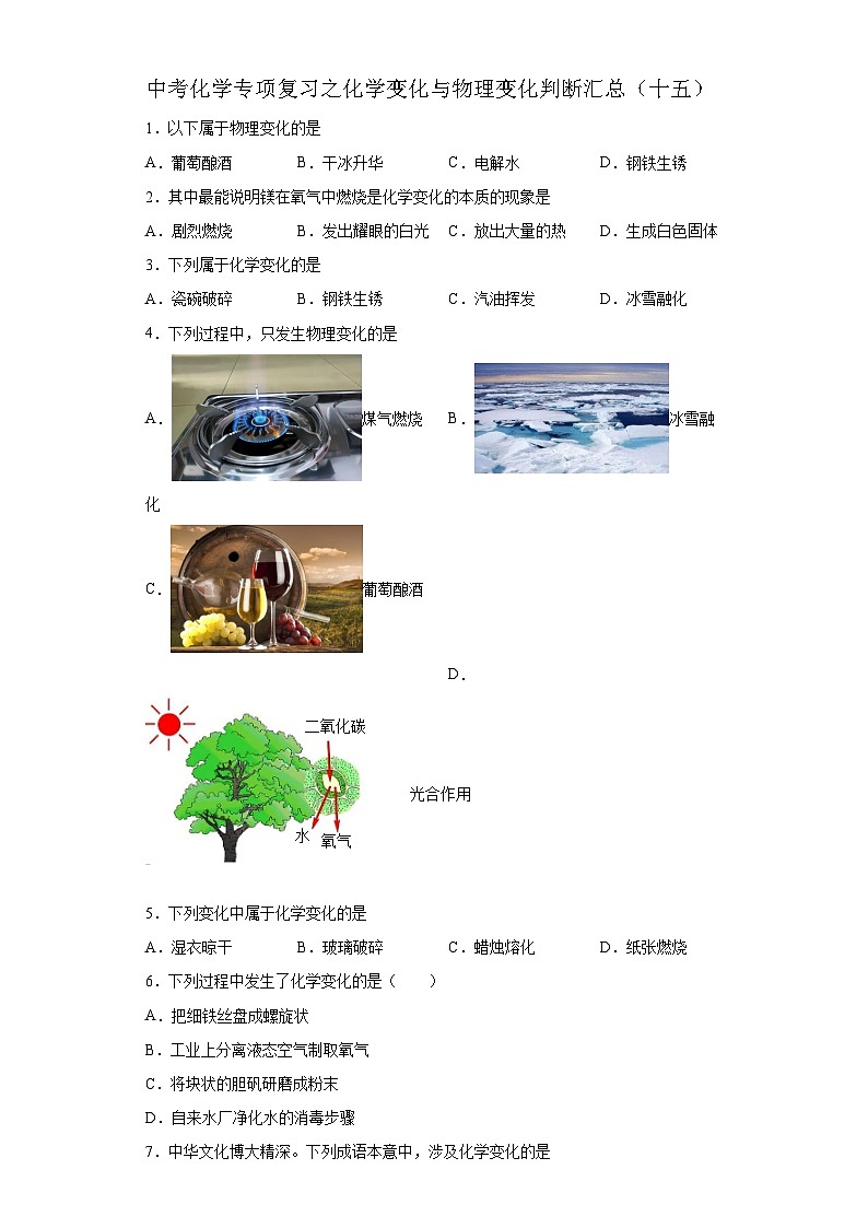 中考化学一轮复习专项巩固练习 化学变化与物理变化判断汇总（十五）（含答案解析）第1页