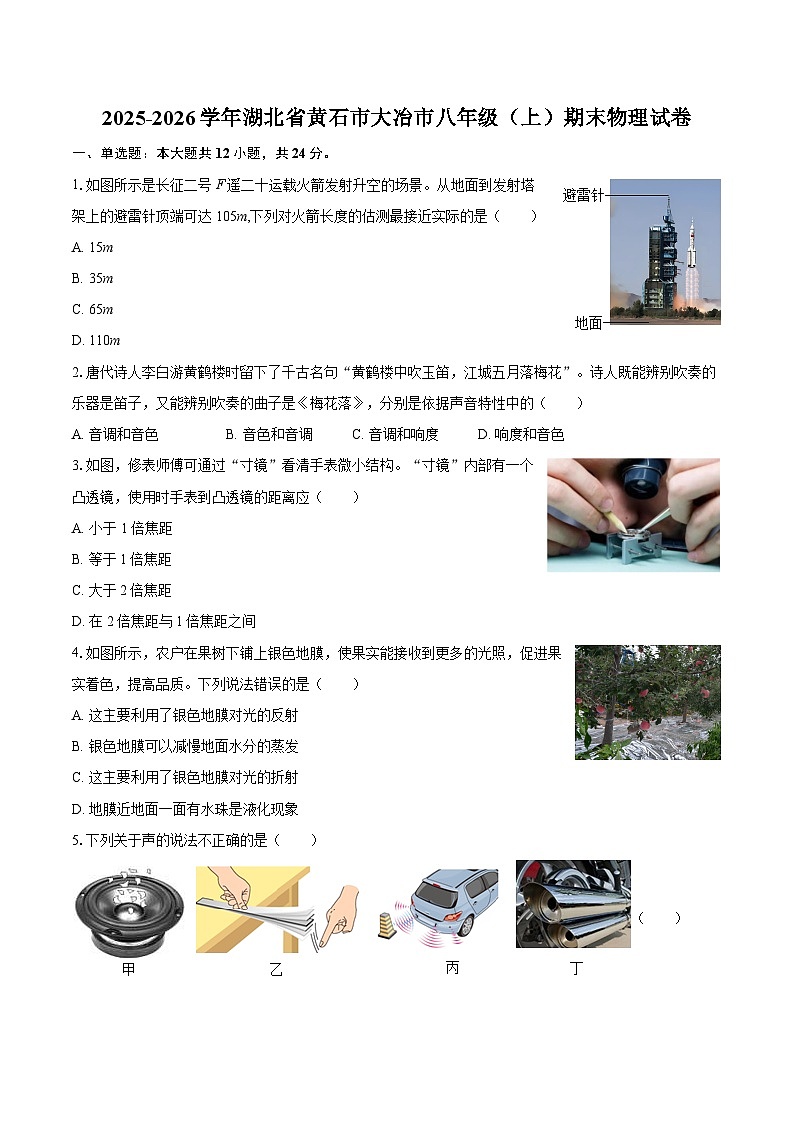2025-2026学年湖北省黄石市大冶市八年级（上）期末物理试卷-自定义类型第1页