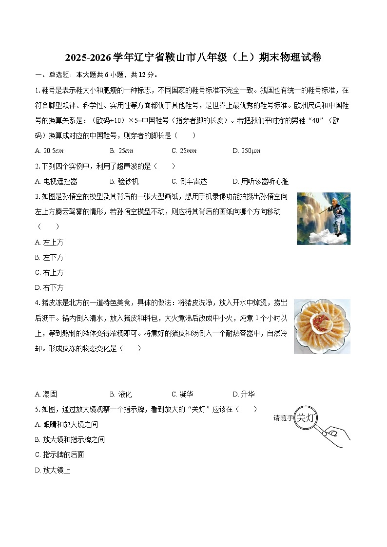 2025-2026学年辽宁省鞍山市八年级（上）期末物理试卷-自定义类型第1页
