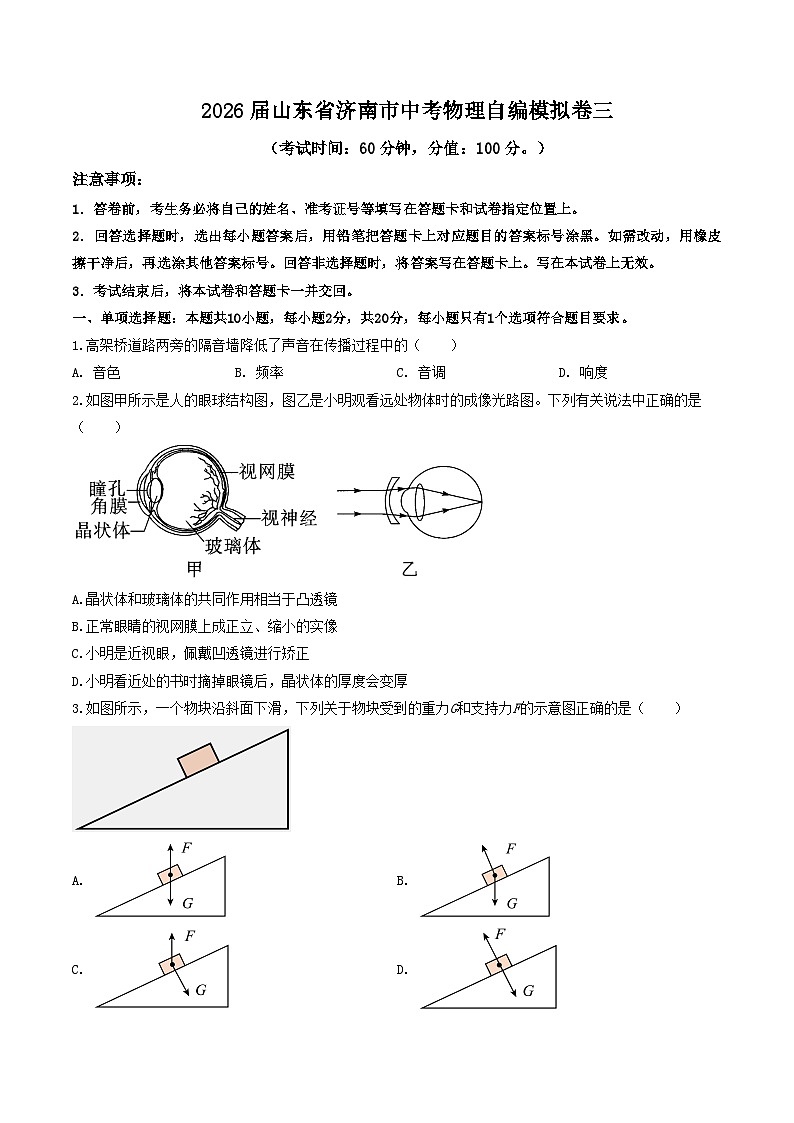 2026届山东省济南市中考物理自编模拟卷三（原卷版）第1页