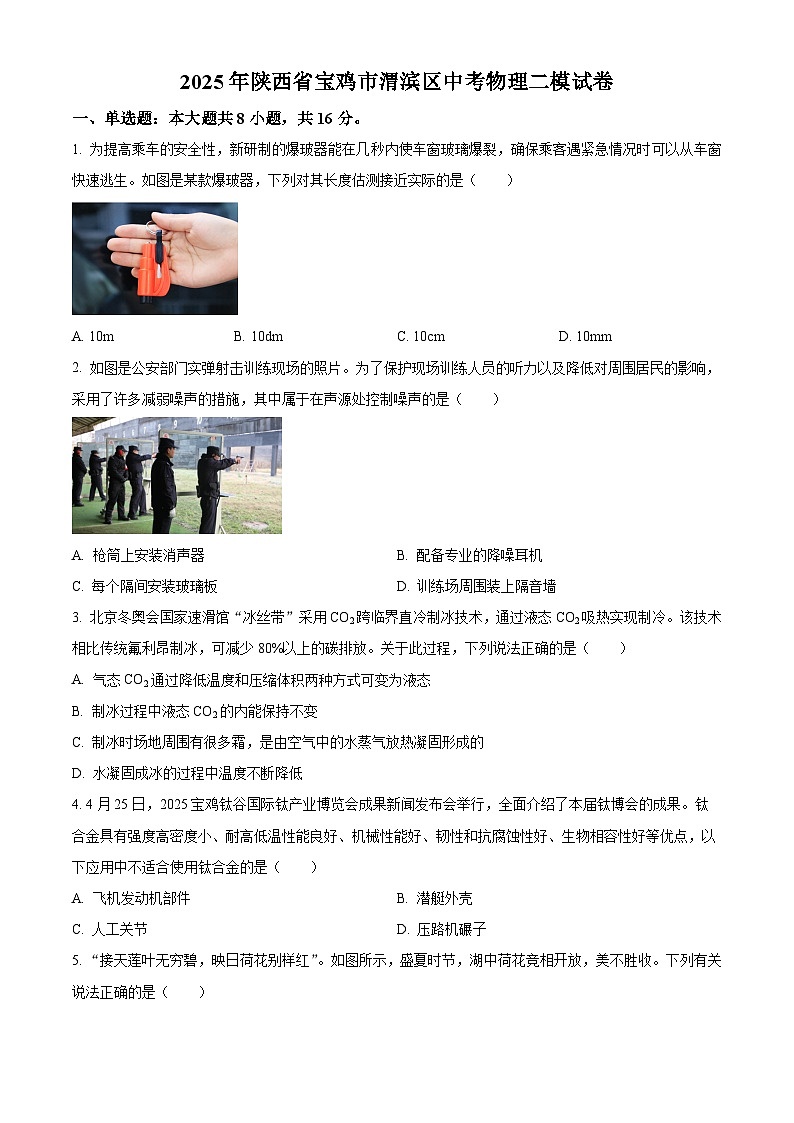 2025年陕西省宝鸡市渭滨区中考二模物理试题（原卷版）第1页