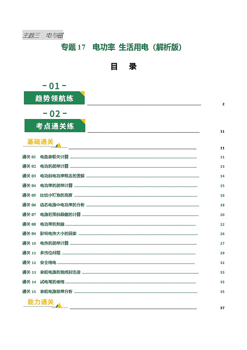 专题17 电功率 生活用电（专项训练）（解析版）第1页