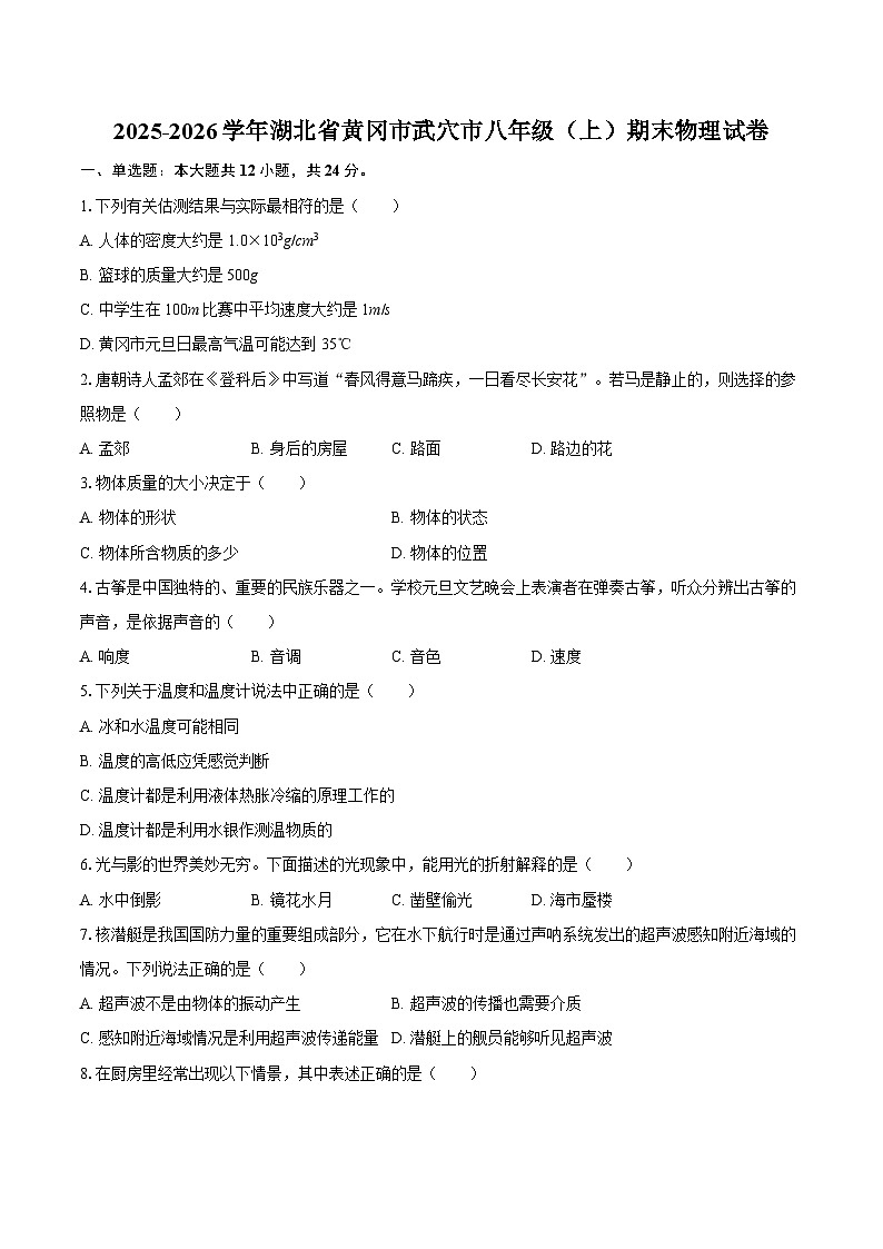2025-2026学年湖北省黄冈市武穴市八年级（上）期末物理试卷-自定义类型第1页