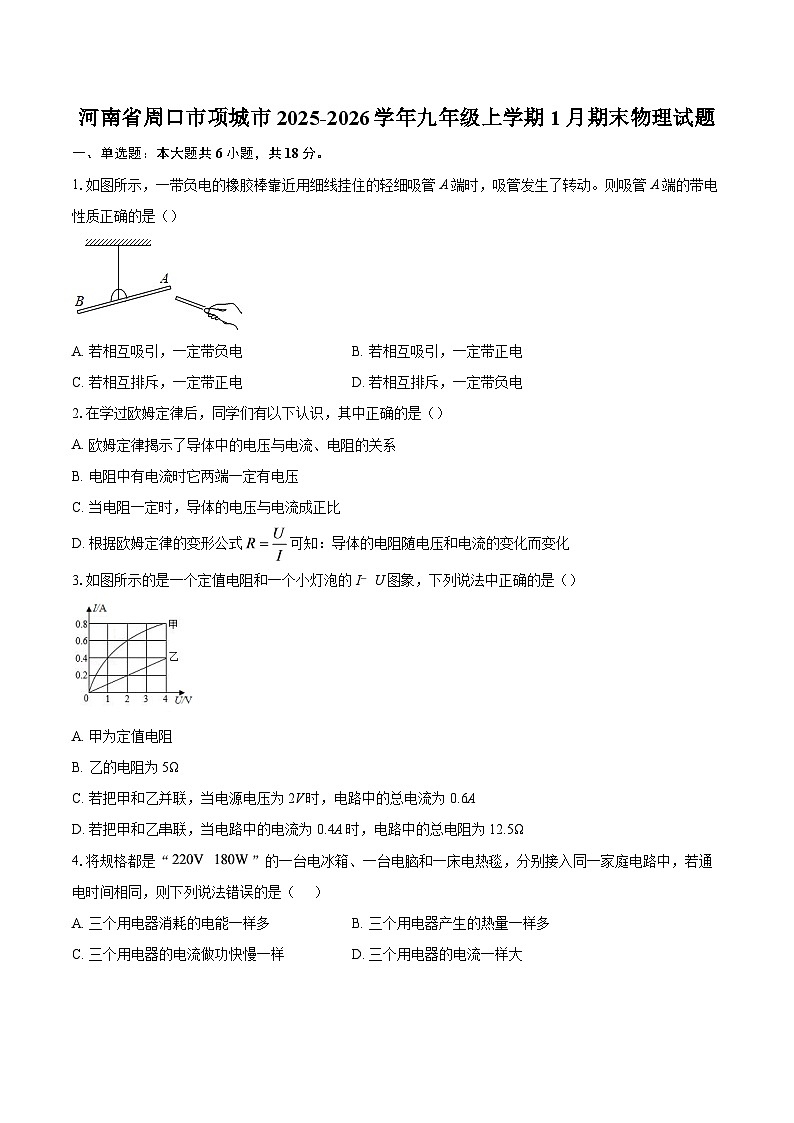 河南省周口市项城市2025-2026学年九年级上学期1月期末物理试题-自定义类型第1页
