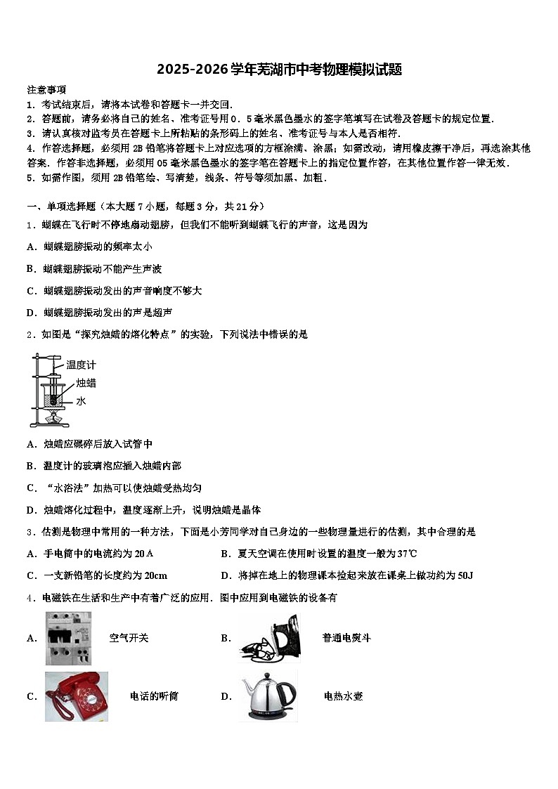 2025-2026学年芜湖市中考物理模拟试题（含答案解析）第1页