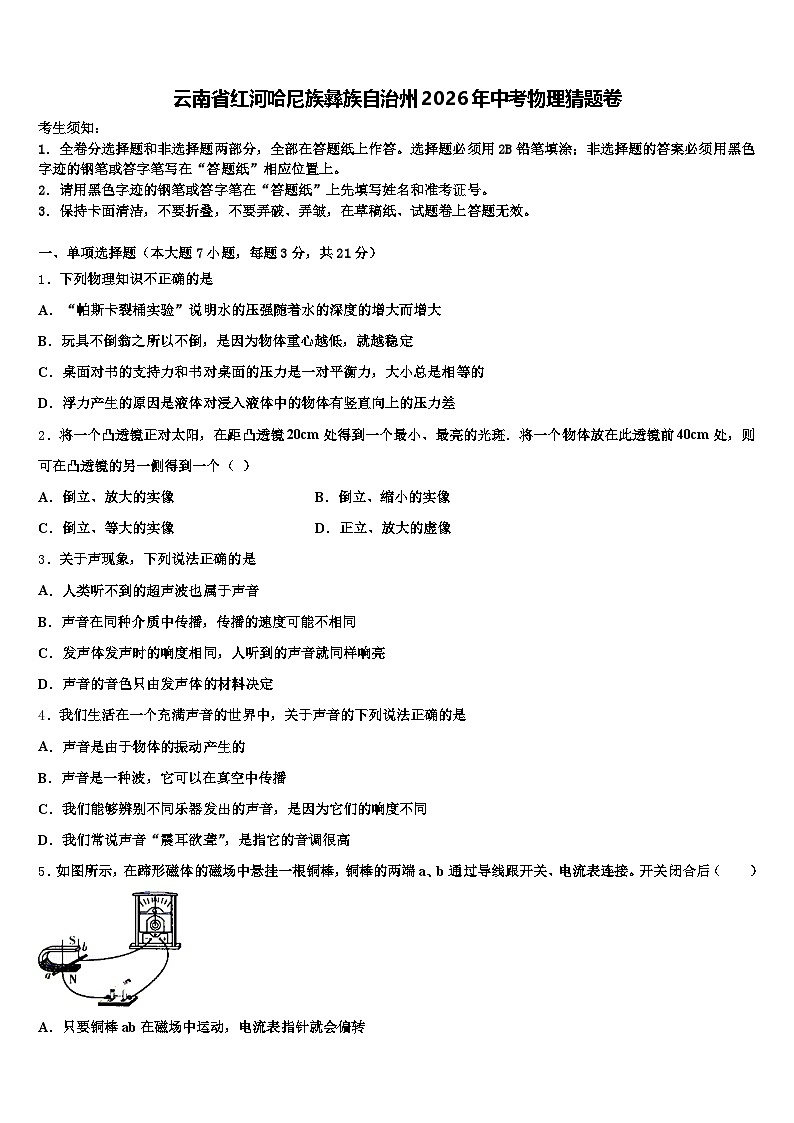 云南省红河哈尼族彝族自治州2026年中考物理猜题卷（含答案解析）第1页