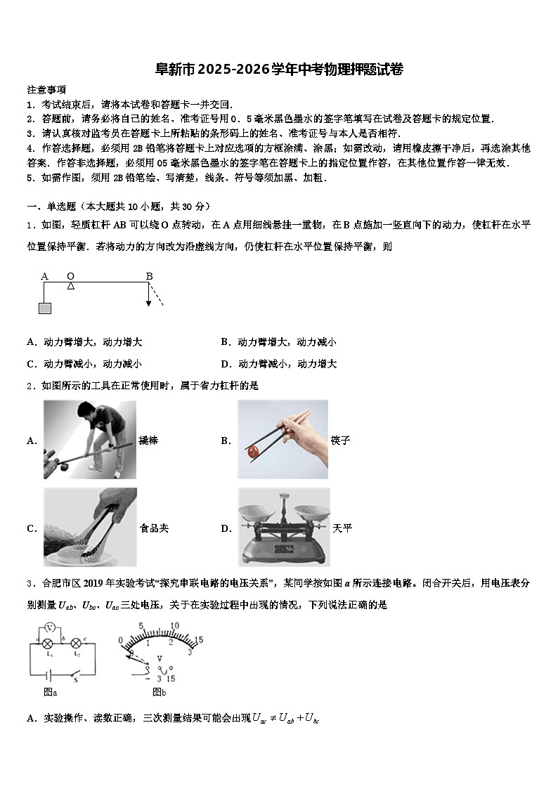 阜新市2025-2026学年中考物理押题试卷（含答案解析）第1页