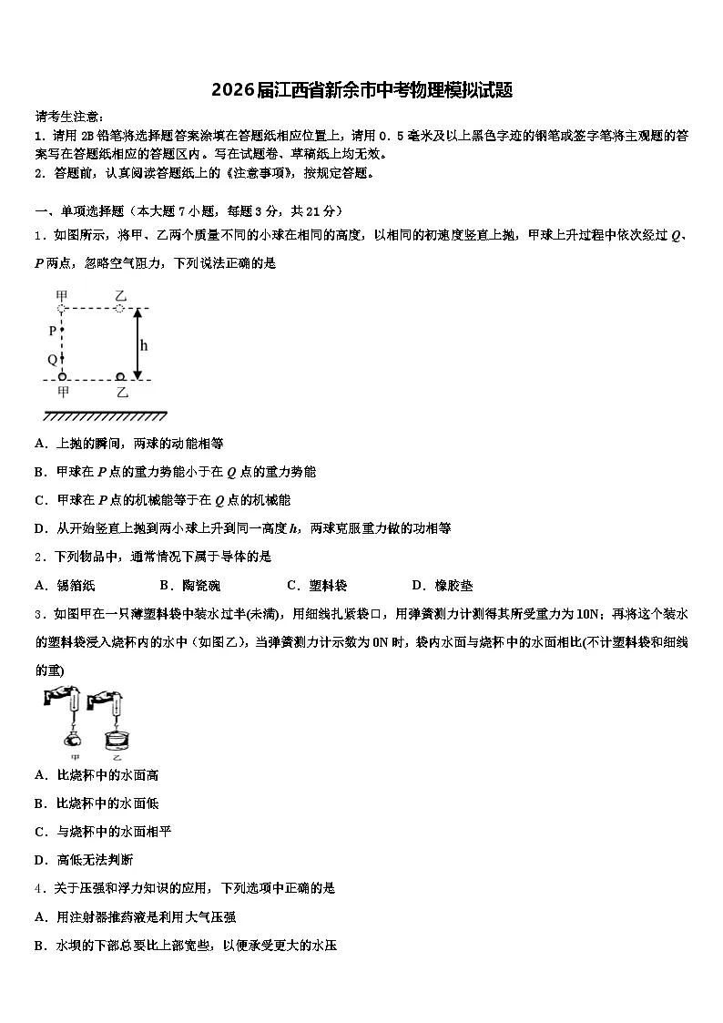 2026届江西省新余市中考物理模拟试题（含答案解析）第1页